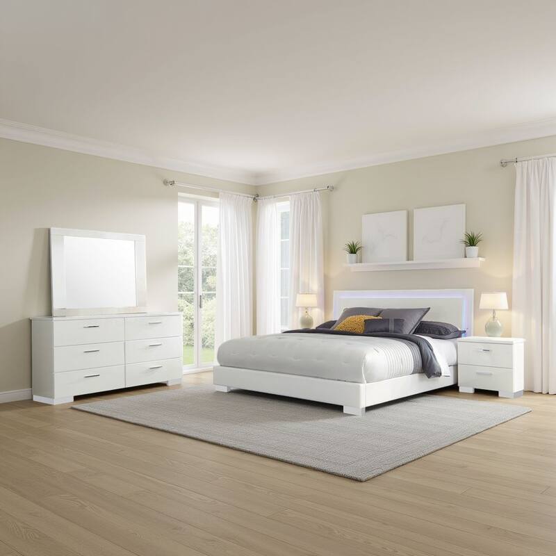 Sok 4pc Queen Bedroom Set, Faux Leather Upholstery, High Gloss White