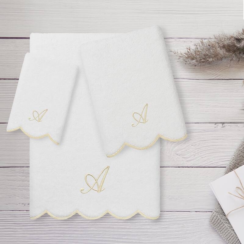 Authentic Hotel and Spa 100% Turkish Cotton Beige ADORNIA Scallop Personalized 3 Piece Towel Set - 3 Piece Set