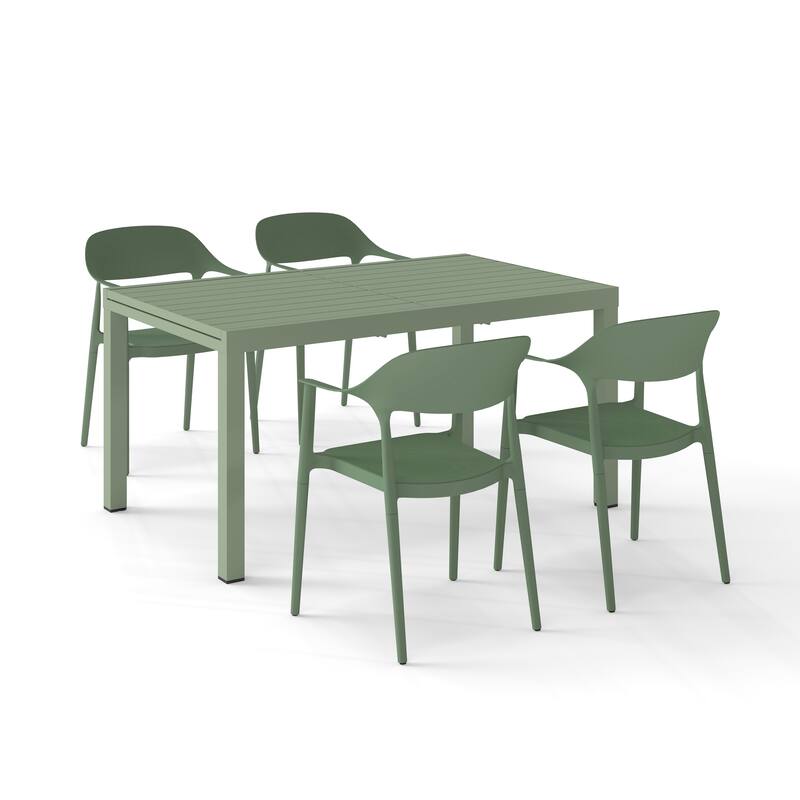 Outdoor Dining Set 5-Piece Stackable Plastic Lightweight Curved Backrest Armchair and Extendable Dining Table