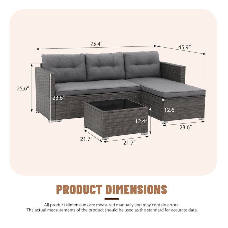 L-Shaped Outdoor Sectional Sofa, PE Wicker Patio Sofa Set with Table and Cushions