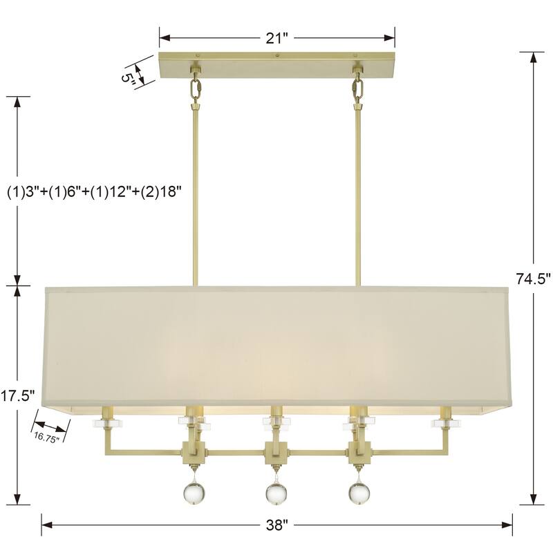 Paxton 8 Light Aged Brass Linear Chandelier - 38'' W x 17.5'' H x 16.75'' D