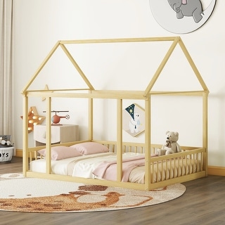 Natural Full Size Pine Wood Floor Wooden Bed with House Roof Frame and Safety Guardrails