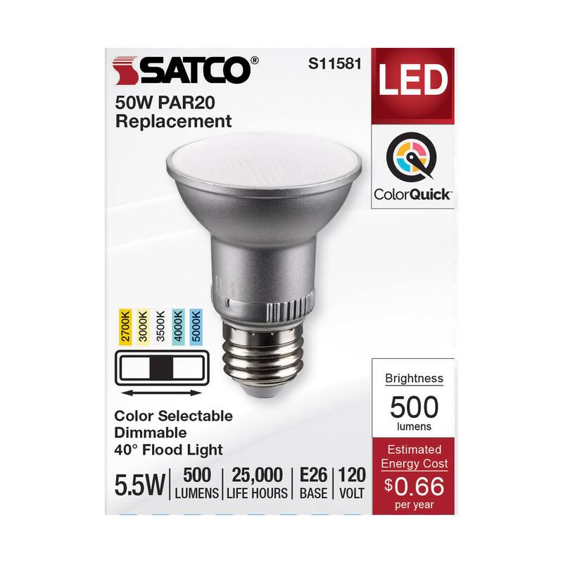 5.5W PAR20 LED Medium Base Silver Finish CCT Selectable 120V 40 Degree Beam Angle