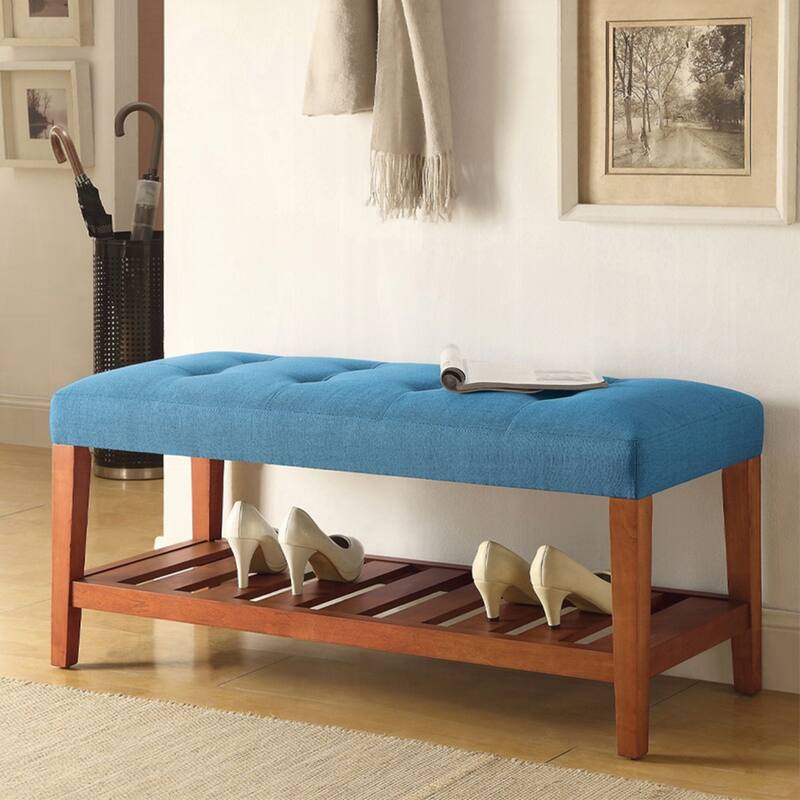 Fabric Upholstered Bench with Open Storage - Blue and Oak