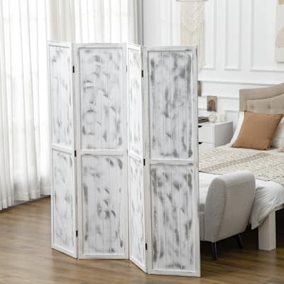 White Paulownia Wood MDF Foldable Room Divider with Rustic Panels - 63.25" W x 67" H x 0.75" D