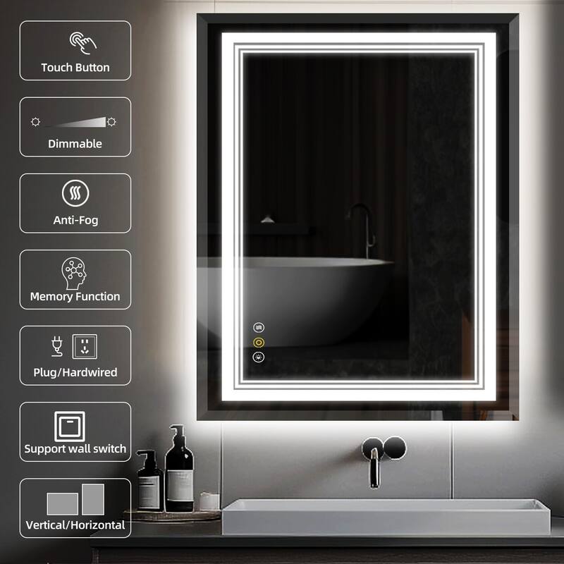 RS Rectangular Wall Mount Vanity Mirror with Lights for Bathroom, 3 Colors Dimmable LED, Anti-Fog, Memory Function