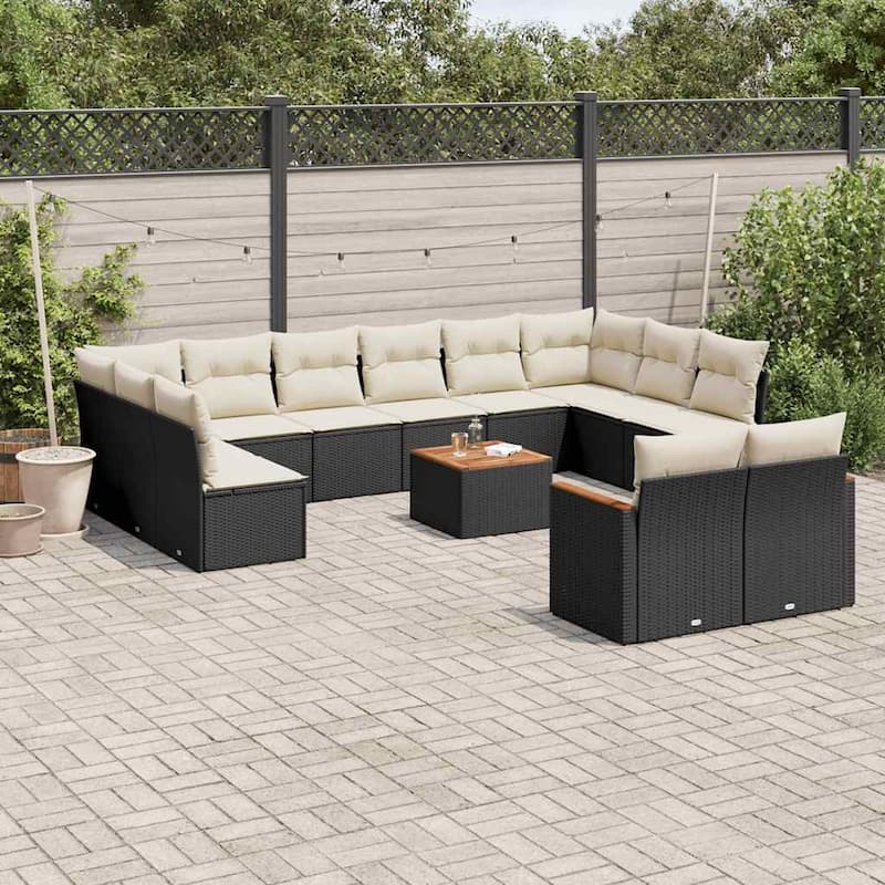 vidaXL Patio Sofa Set with Cushions Outdoor Conversation Furniture Poly Rattan - Black and cream with table - 21.7 x 21.7 x 14.6 in
