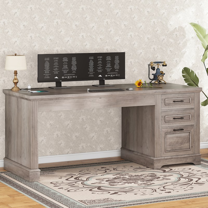 Farmhouse Executive Desk Home Office Desk File Drawer Monitor Stand Power Outlet