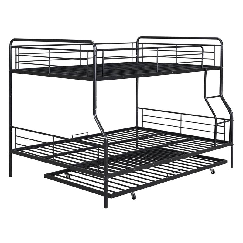 Full XL Over Queen Metal Bunk Bed w/ Twin Size Trundle, Dorm Convertible Heavy-Duty Iron Bed Frame w/ Ladder & Safety Guardrails