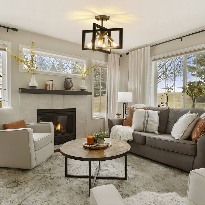 4-Light Farmhouse Semi-Flush Mount Light with Rustic Accent Square Cage for Dining Room