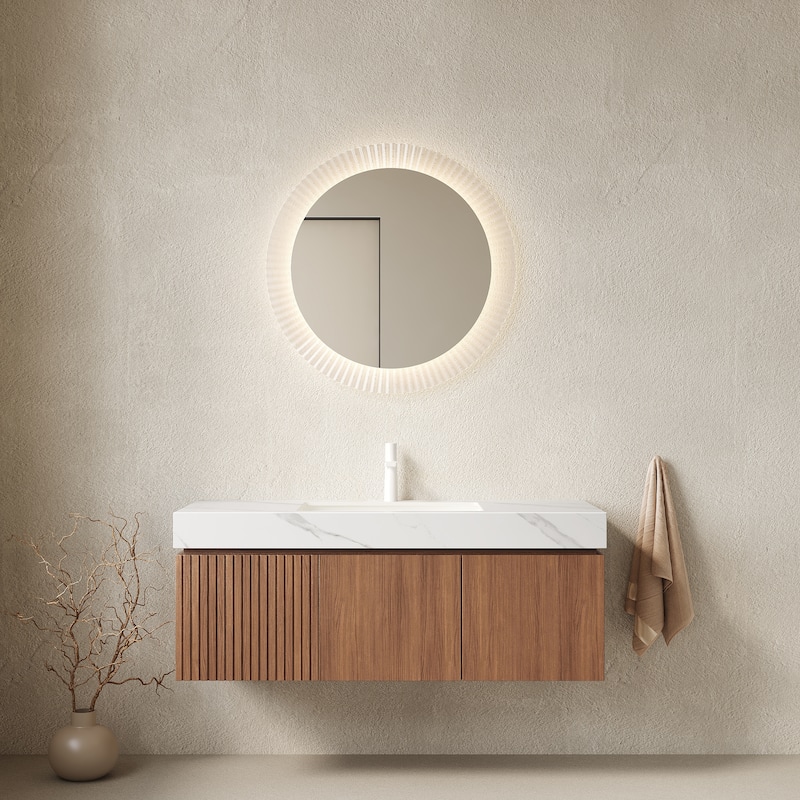 Floating Bathroom Vanity with Sintered Stone Top and Undermount Ceramic Basin - 47.64'' x 18.9'' x 17.72'' - Brown Oak and Carrara White