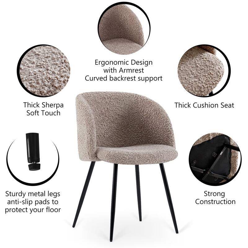 Modern 2 Piece Teddy Dining Chair with Non Slip Pads, Metal Legs, Cushions for Dining Room Kitchen Living Room Bedroom