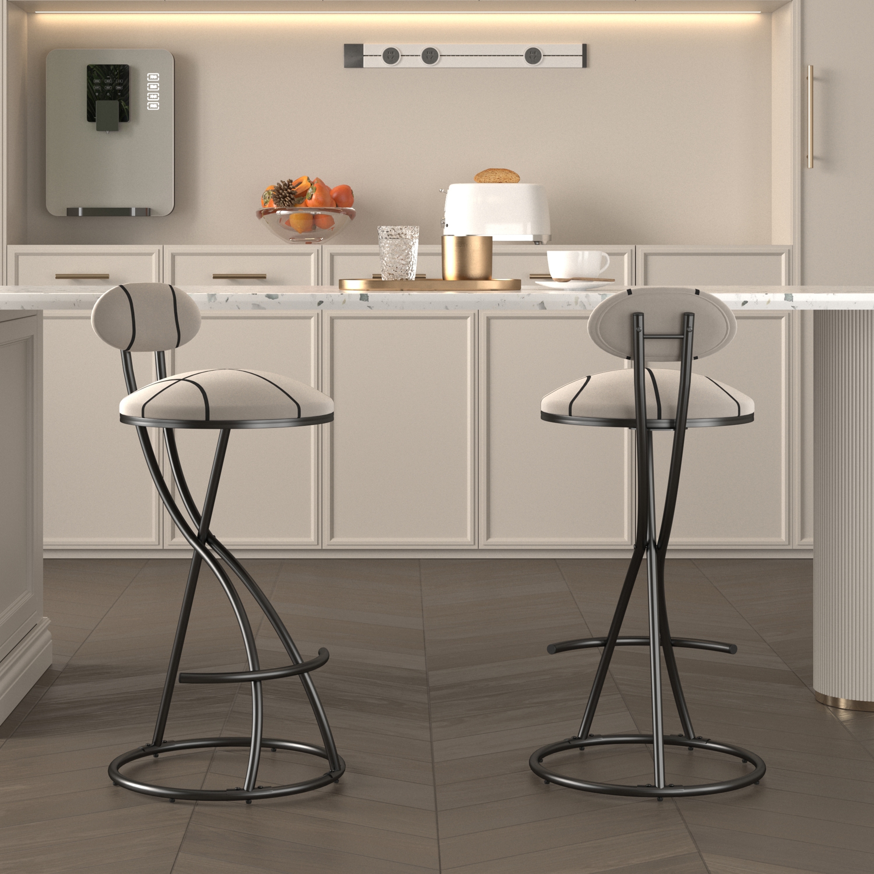 Round Bar Stools S-shaped Stripe Kitchen Stool Set of 2 Modern Velvet Upholstered Counter Chair for Dining Room