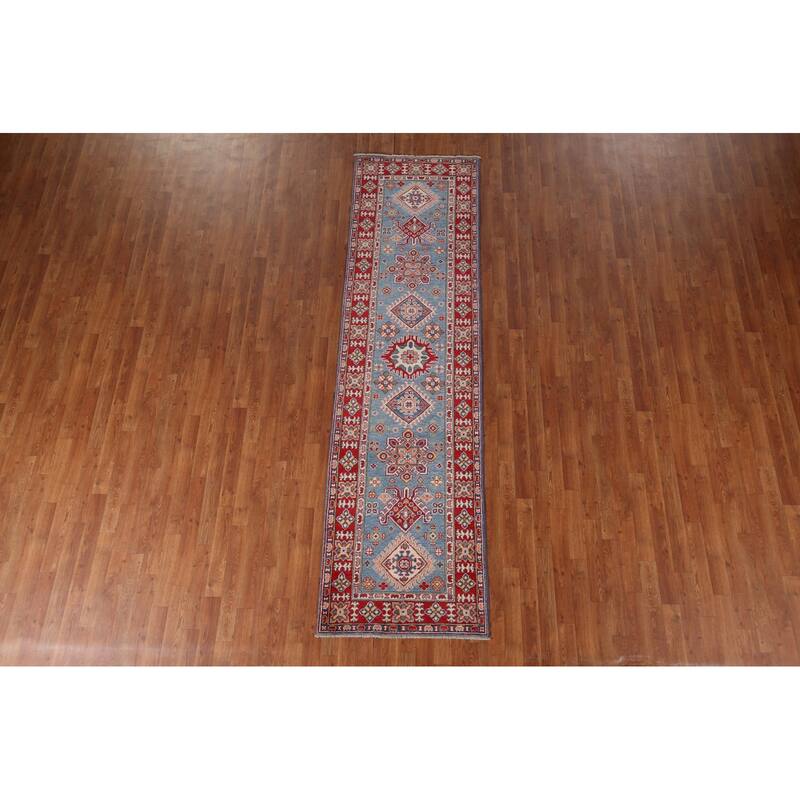 Blue Geometric Kazak Oriental Runner Rug Handmade Wool Carpet - 2'8" x 9'9"