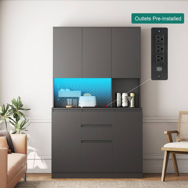 Roomfitters 74" Kitchen Pantry Cabinet with Charging Station & USB Ports, Large Food Storage Cupboard, Microwave Stand