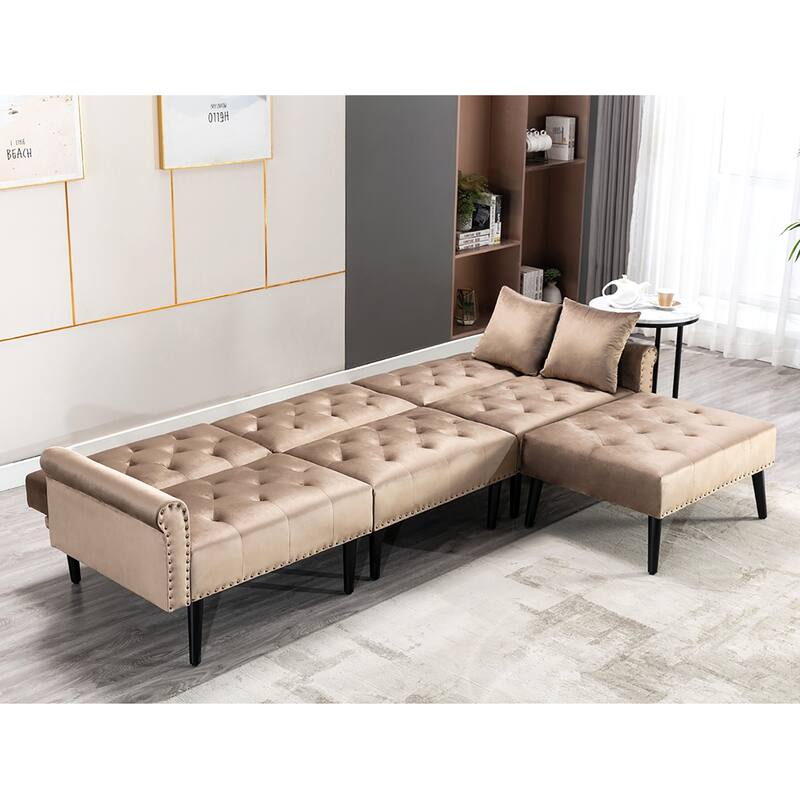 Convertible Velvet Sofa Couch, Sectional Sofa with Ottoman, Mid-Century Futon Sofa Bed - 32"D x 100.7"W x 29.9"H