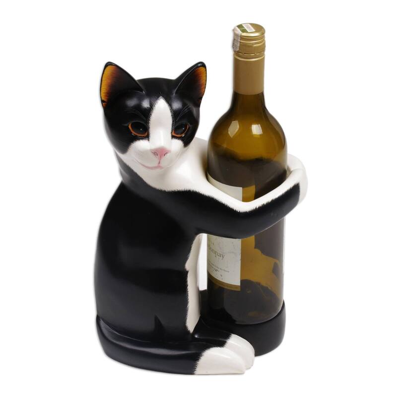 Handmade Kitty Clasp Wood wine bottle holder (Indonesia)