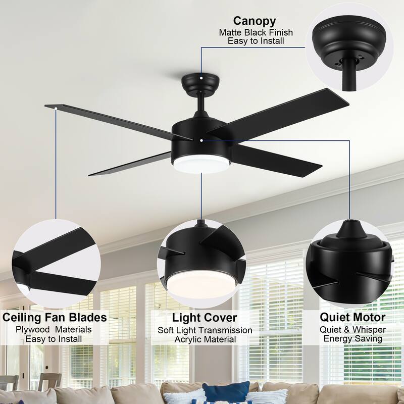 44 in. Indoor Matte Black Ceiling Fans with Dimmable Integrated LED Light and Remote Control