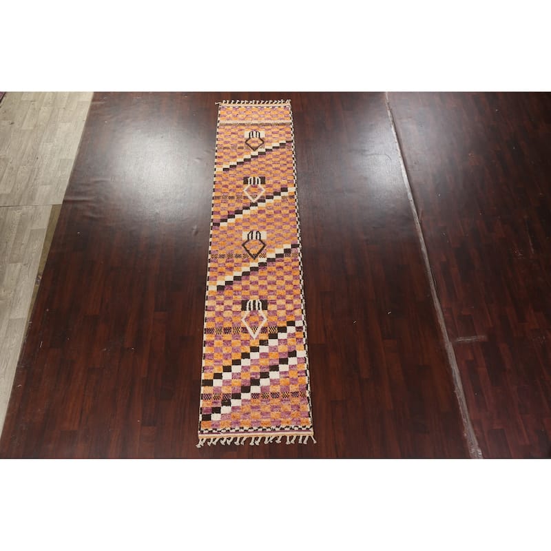Modern Checkered Moroccan Oriental Runner Rug Hand-knotted Wool Carpet - 2'11" x 12'10"