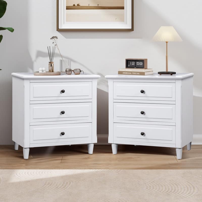 Elegant 3-Drawer Nightstand (Set of 2) Storage Cabinet Crafted from Solid Wood for Bedroom Organization