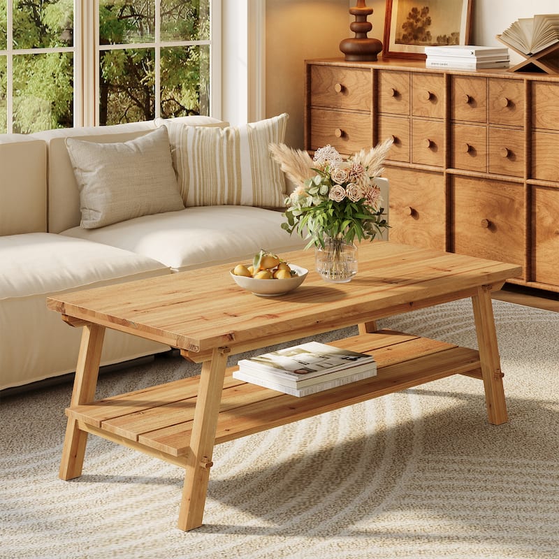 Solid Wood Coffee Table with Storage, Living Room Center Tea Table Accent Side Table - Natural