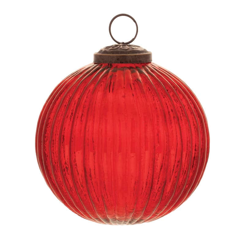 Red Glass Ribbed Ball Ornaments with Brass Caps Set of 12 Holiday Decor - 4” x 4” x 4” (L x W x H)
