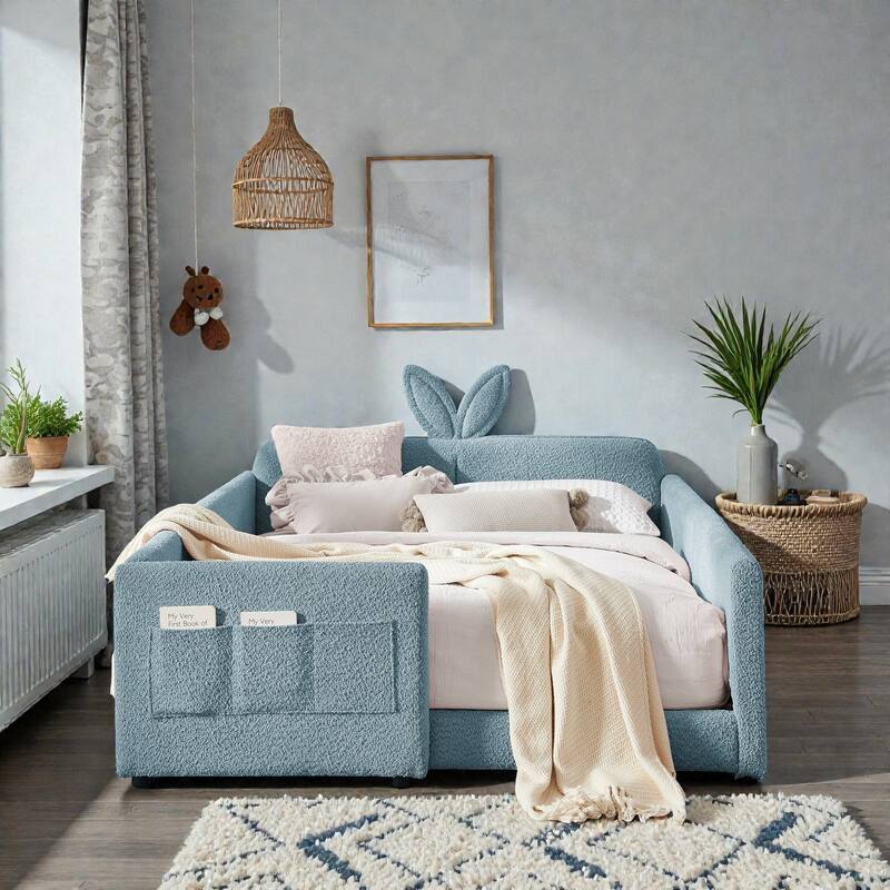 Full Size Upholstered Platform Bed with Rabbit Ear Headboard, Boucle Fabric Kids Bed with Safety Rail and Pocket