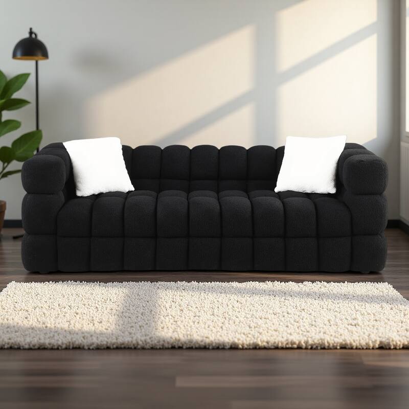84.3" Boucle Marshmallow Sofa - 3-Seater with 35.8" Deep Seat, Ergonomic Design for US Homes and 2 Pillows - Black