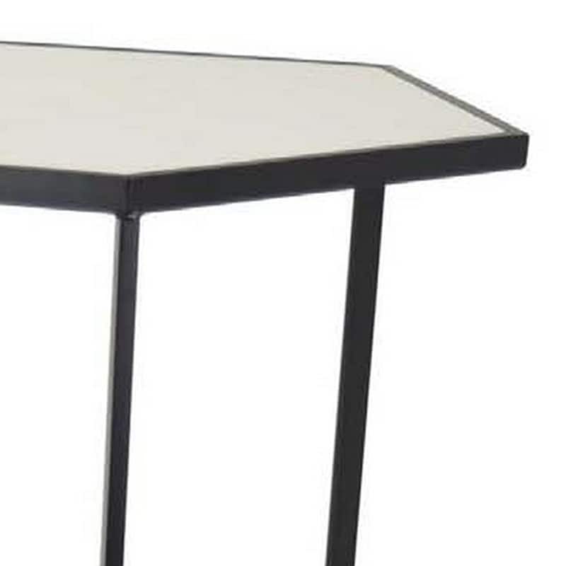 Plant Stand Table Set of 2, Black Metal Frame, Hexagonal White Tabletop