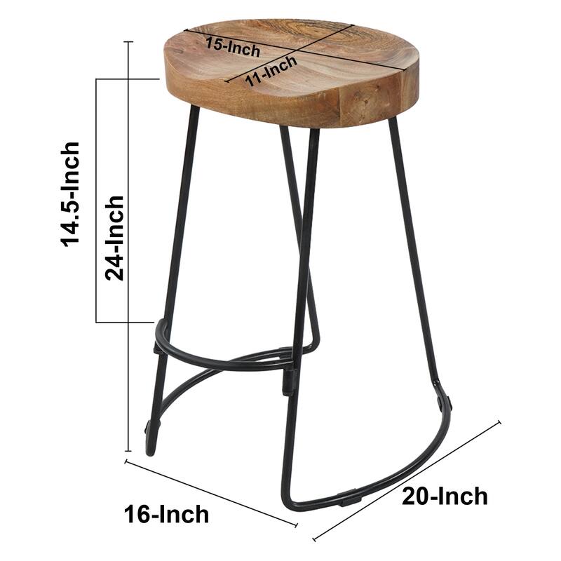 Ela 24 Inch Counter Height Stool, Mango Wood Saddle Seat, Iron Frame, Brown and Black
