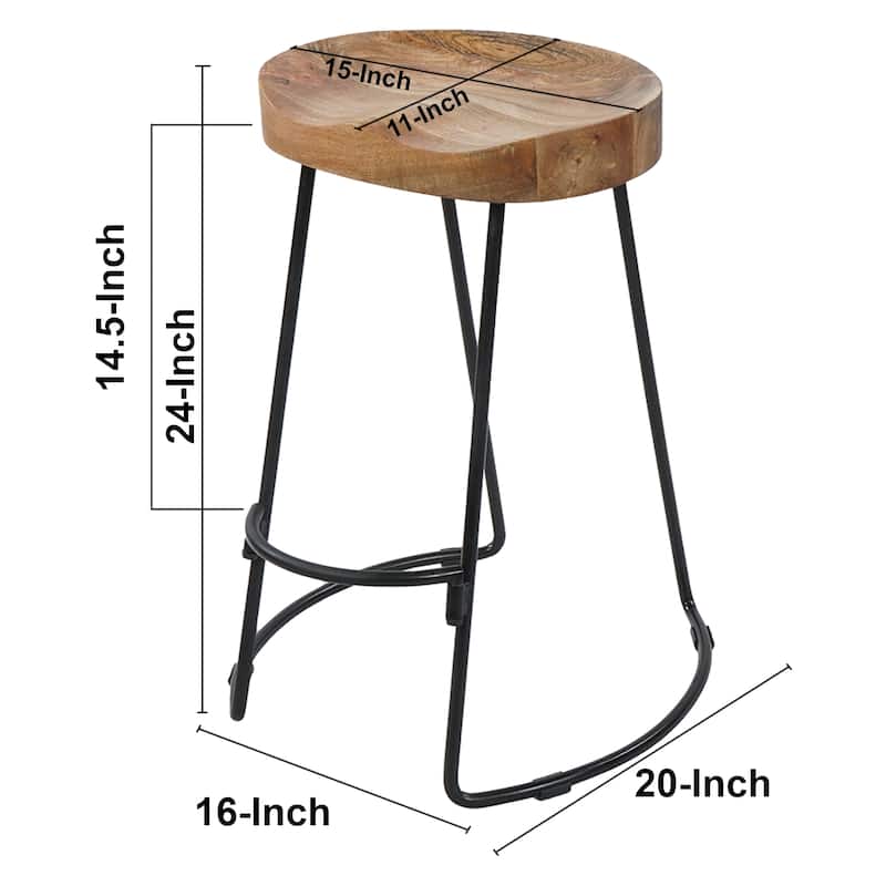 Ela 24 Inch Mango Wood Industrial Counter Height Stool, Saddle Seat, Iron, Set of 2, Brown, Black