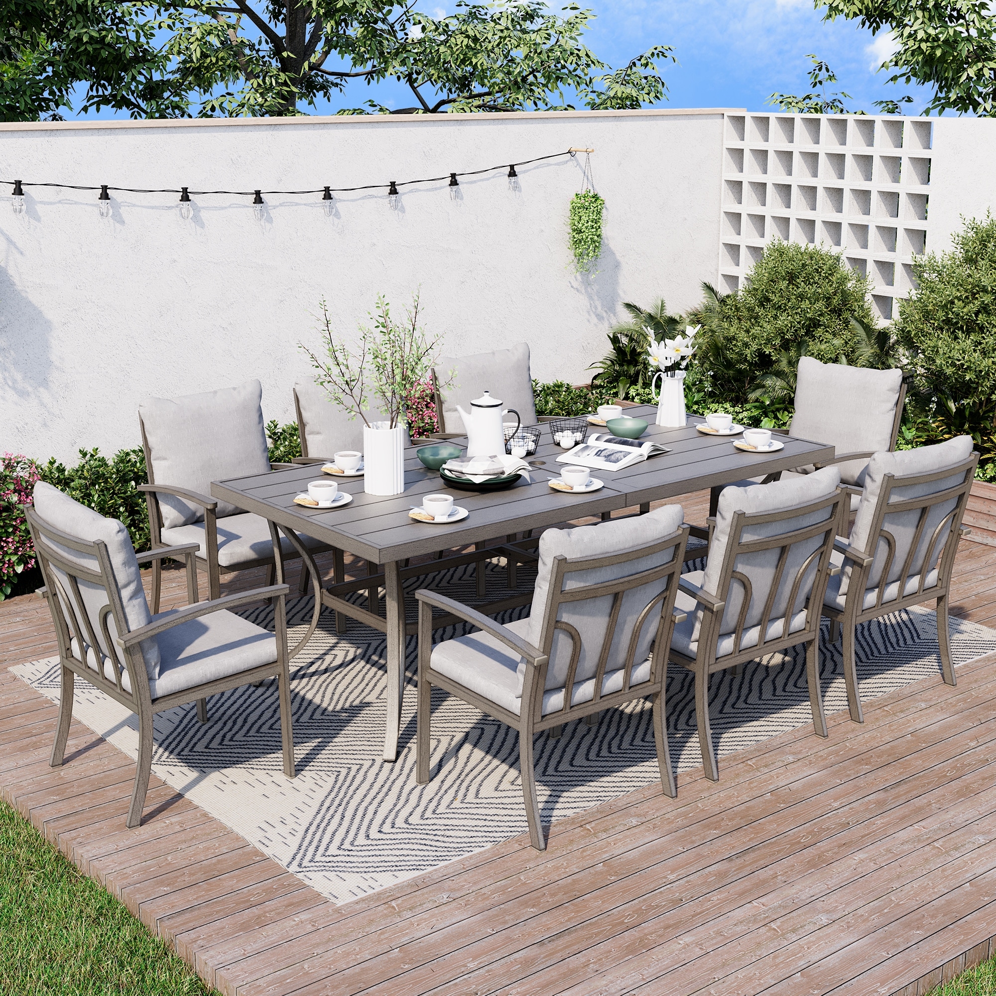 9-Piece Aluminum Patio Dining Set with Table and Washable Light Gray Cushions