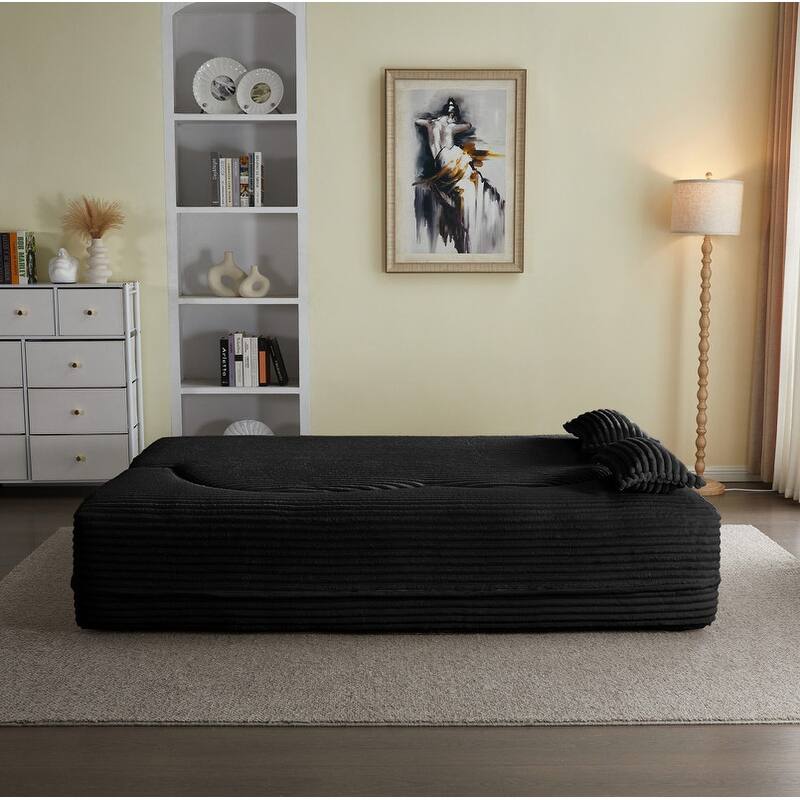 Modern 78" Full Size Convertible Corduroy Foam-Filled Sleeper Sofa,Modern Floor Sofa with 2 Pillows - Black