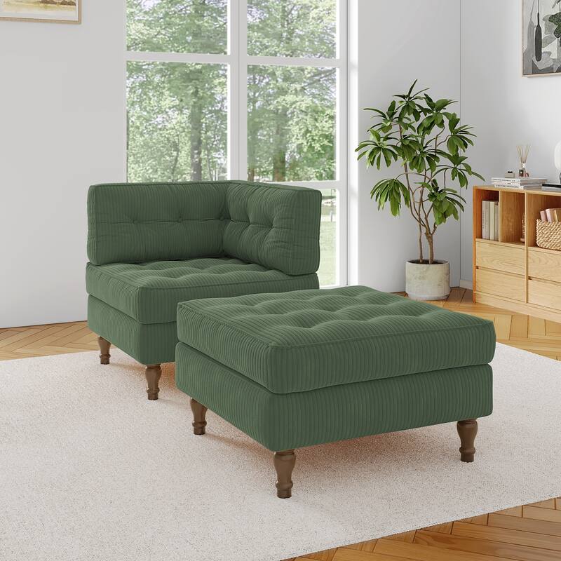 Corduroy L-shape Modular Corner Sectional Sofa with Reversible Storage Ottoman - Green