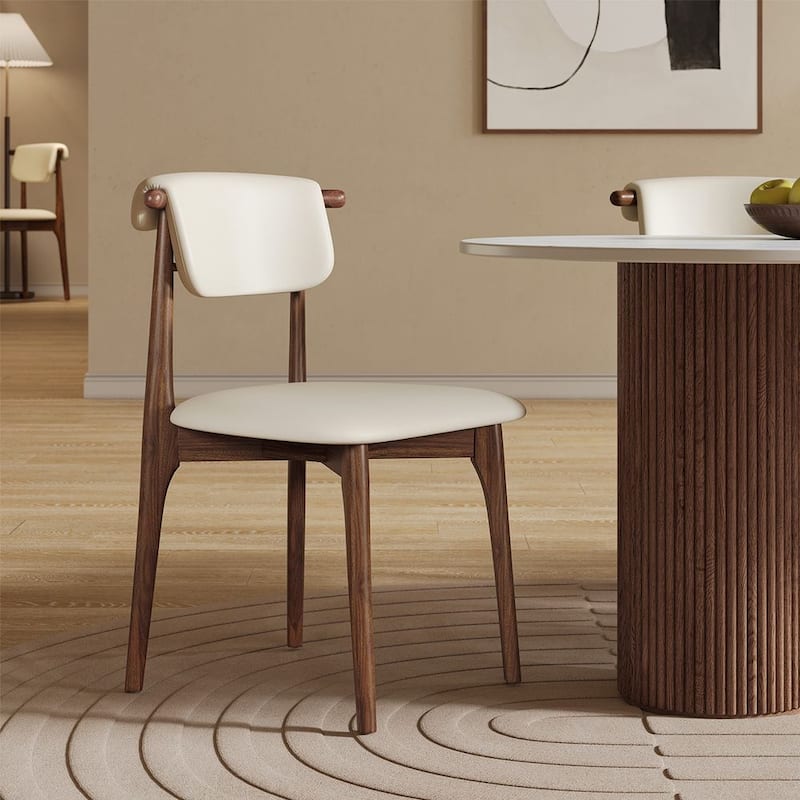 Modern Faux Leather Dining chair, Beige, Solid Wood legs, Set of 2, Fully Assembled