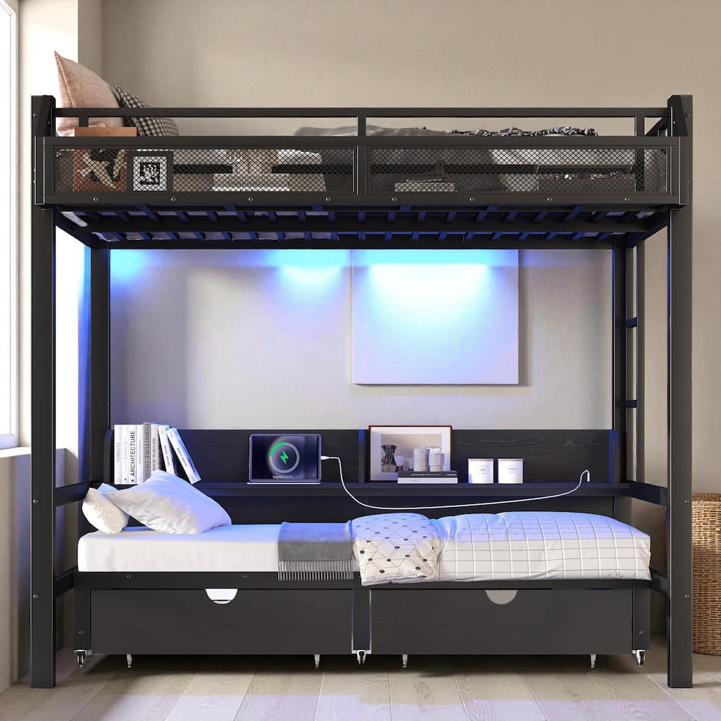 Full over Full Metal Bunk Bed with Storage Shelves, Drawers, USB Ports & LED Lights, Convertible Sofa Design