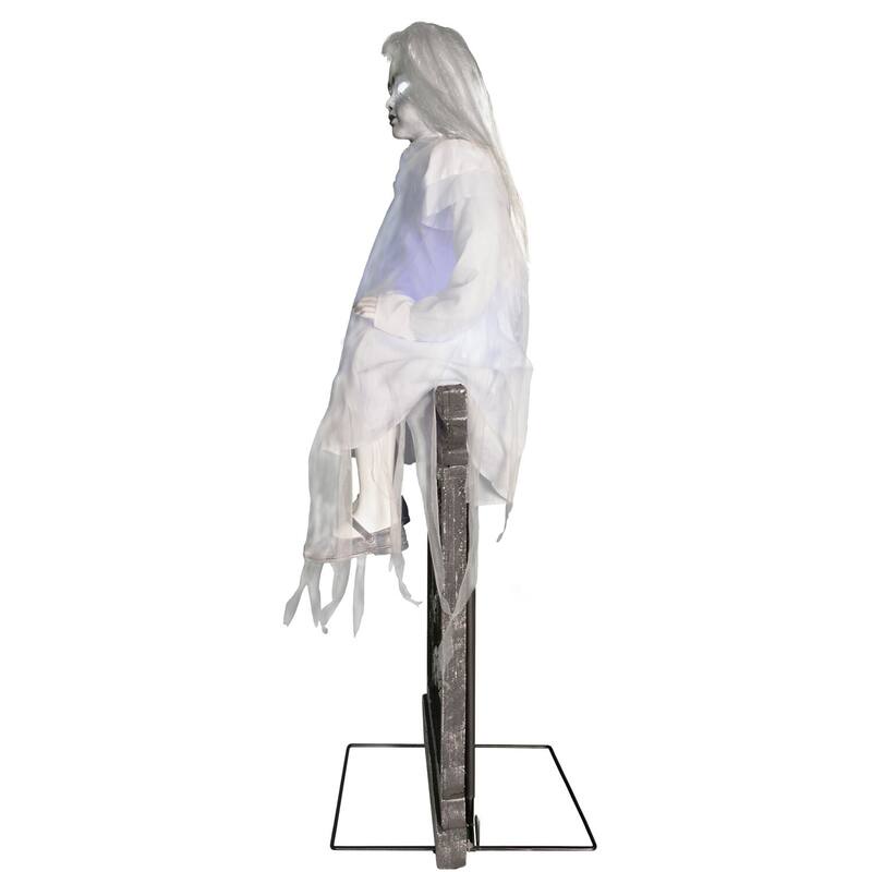 Haunted Hill Farm Darcy the Sitting Tombstone Girl by Tekky, Premium Talking Halloween Animatronic, Plug-In or Battery