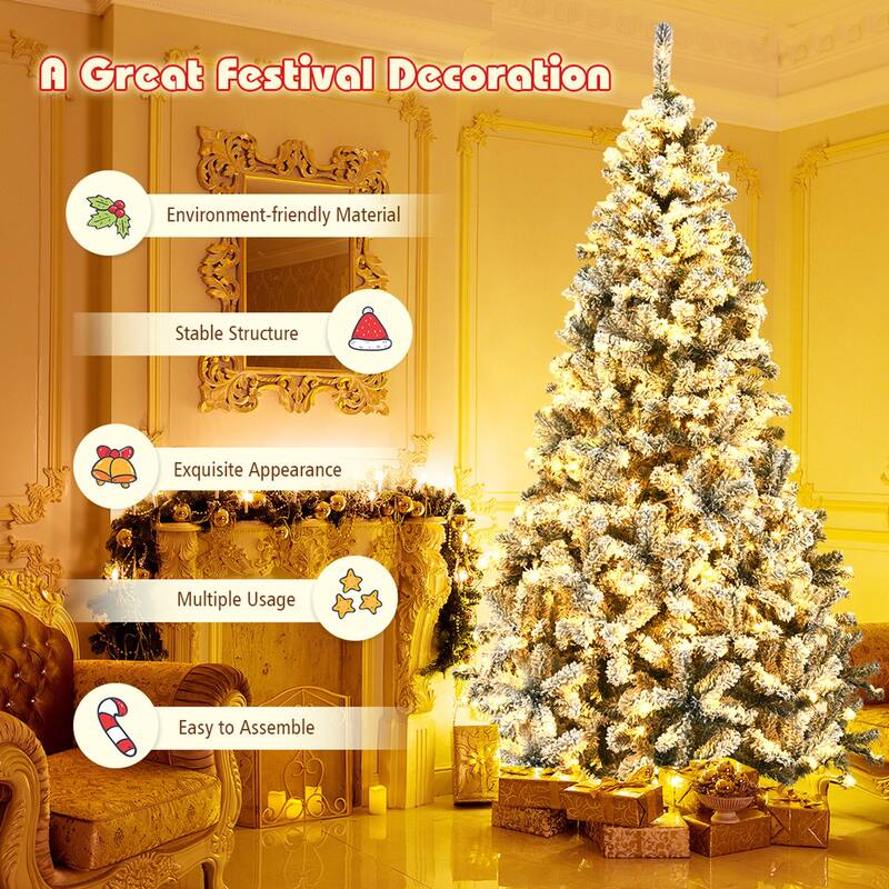Gymax 6/7.5/9 FT Pre-Lit Christmas Tree Snow Flocked Hinged Pine Tree