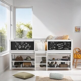 Twin Size Low Loft Bed with Movable Shelves and Chalkboard Guardrail - Gray