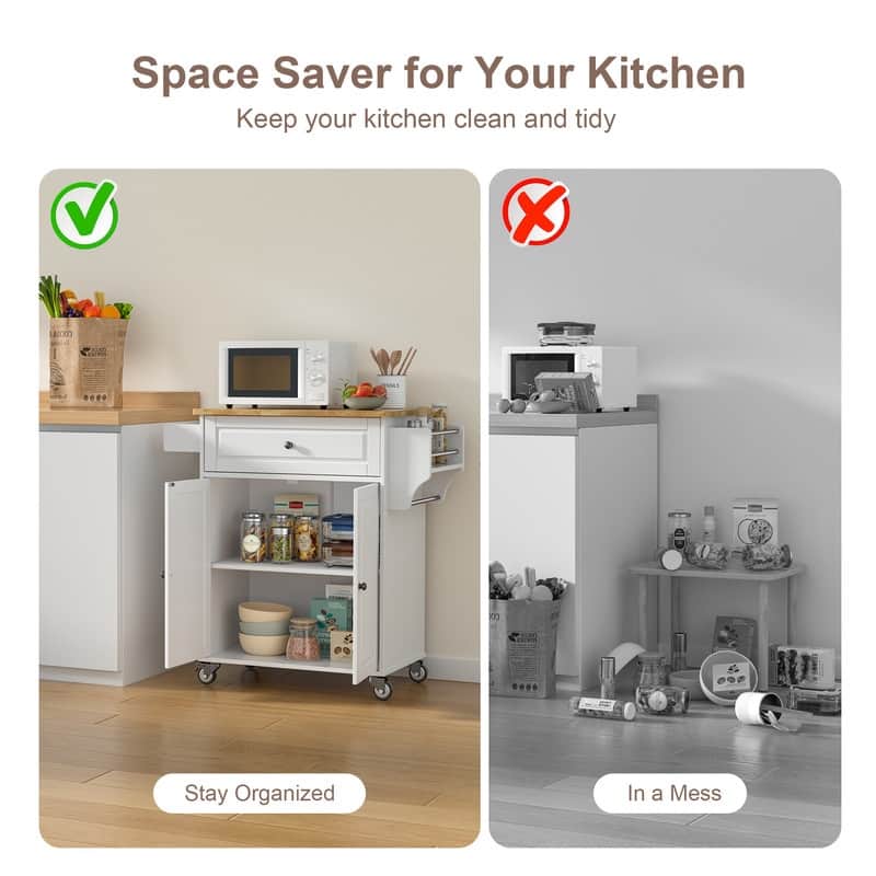 Kitchen Island Cart with Storage Cabinet, Wood Top and Locking Wheels