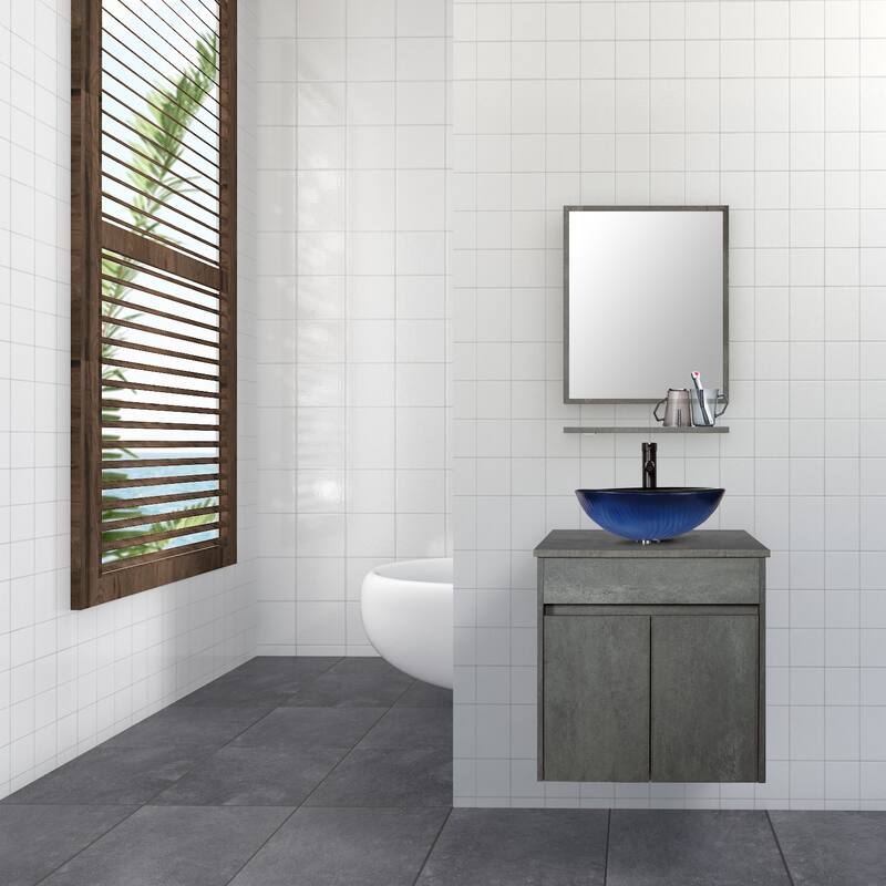 24" Wall Mounted Bathroom Vanity Set W/ Tempered Glass/ Ceramics Sink Combo - blue round sink