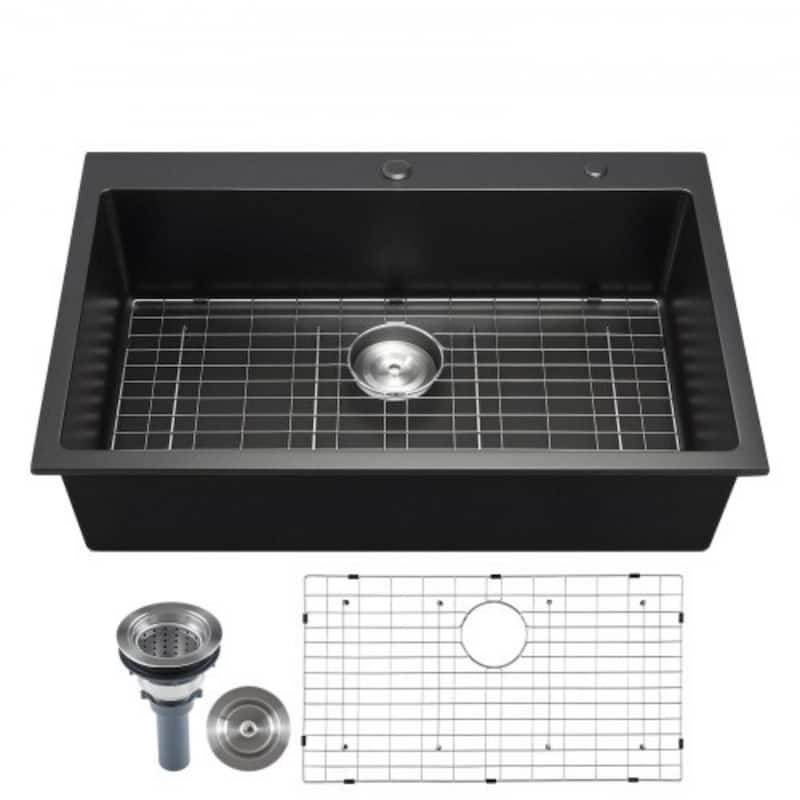 Single Bowl Black Granite Quartz Resin Sink Top Mount with Drain Grid and Accessories - 33 Inch