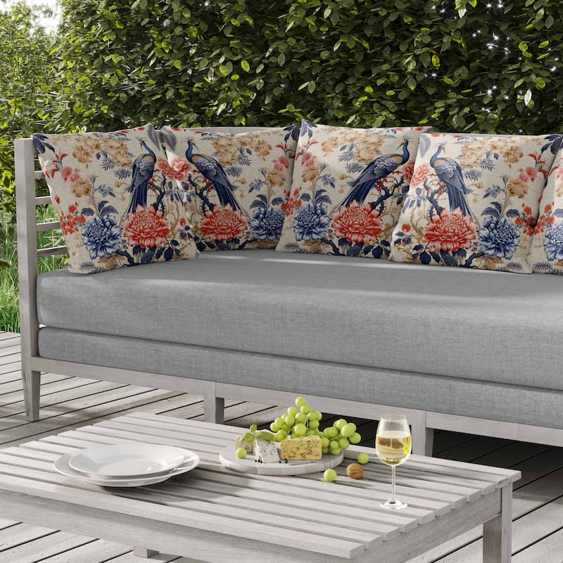 Peacock Panache Indoor/Outdoor Reversible Throw Pillow Beige and Grey