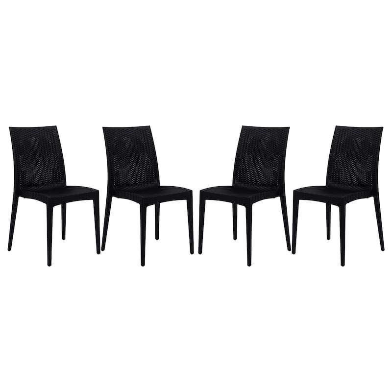 Outdoor Patio Dining Chairs, Set of 4 Stackable Polypropylene Chairs with Woven Design for Garden, Deck, or Pool - Black