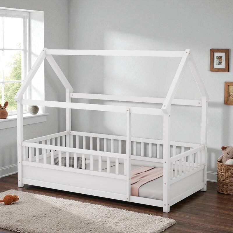 Twin/Full Wooden House Frame Floor Bed with Fence Guardrails, Montessori Style Kids Bed, Pine Wood Low Profile Design - White - Twin