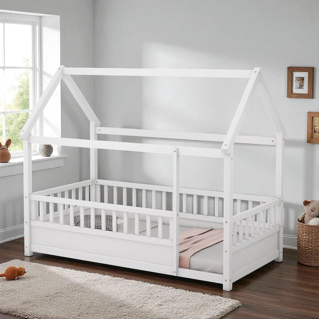 Twin/Full Wooden House Frame Floor Bed with Fence Guardrails, Montessori Style Kids Bed, Pine Wood Low Profile Design
