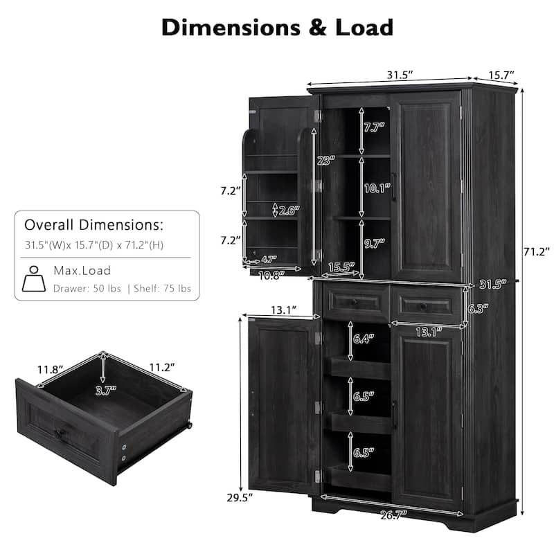 71" Tall Farmhouse Pantry Cabinet Freestanding Storage Cupboard