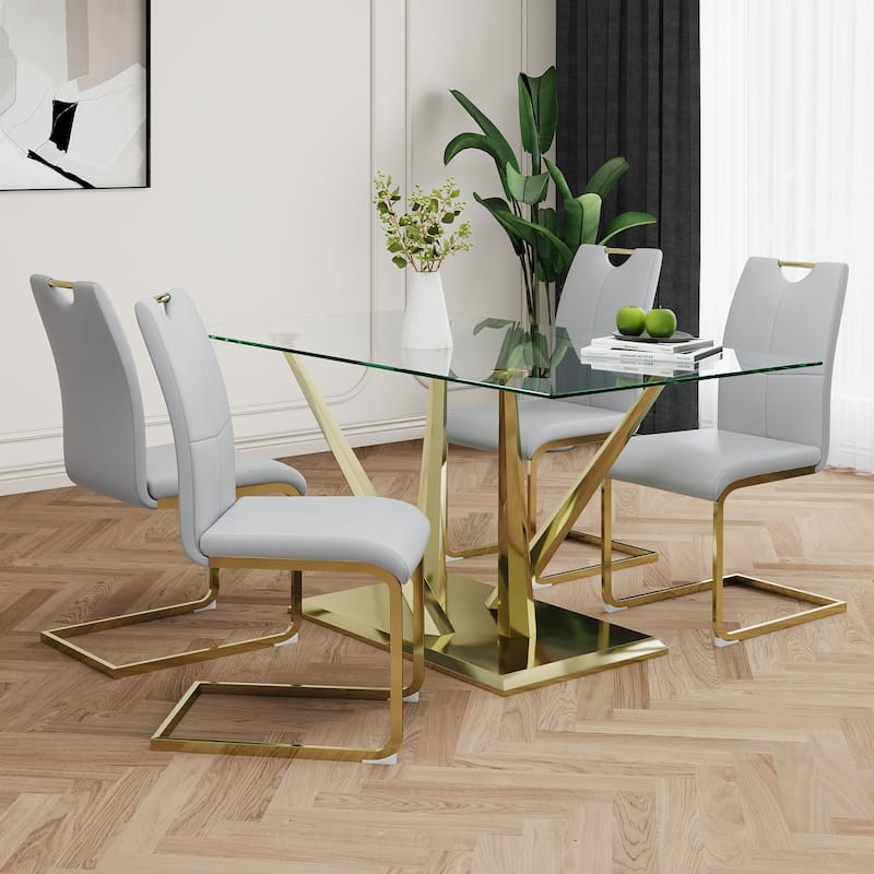 5-Piece Rectangular Dining Table Set for 4 Modern 63" Tempered Glass Kitchen Table with 4 Chairs, Luxury Dining Room Table Set - Light Gray