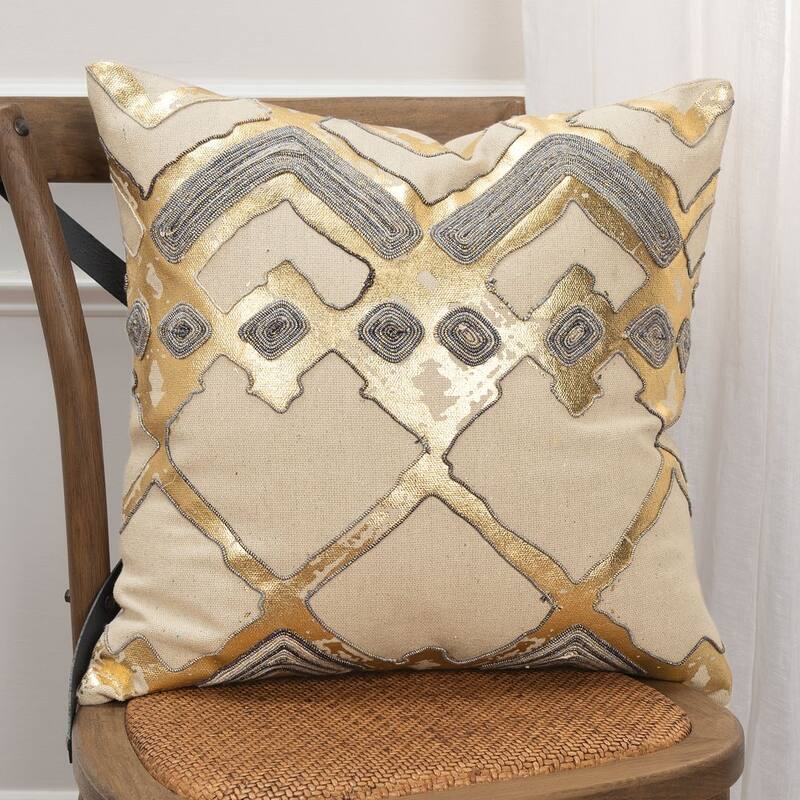 Rizzy Home Beige, Metallic Gold, and Grey Geometric Throw Pillow