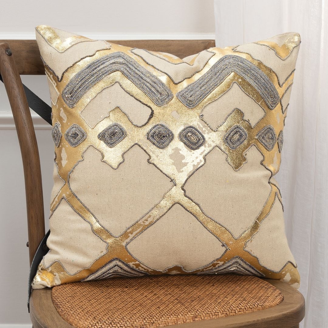 Rizzy Home Beige, Metallic Gold, and Grey Geometric Throw Pillow